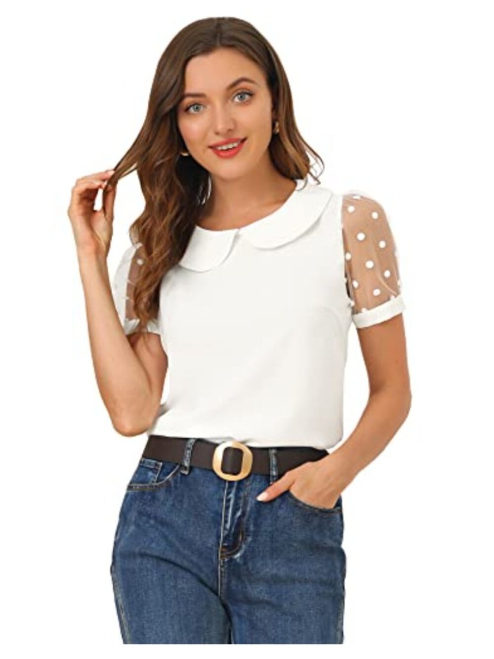 Vintage Polka Dot Mesh Sleeve Blouse with Peter Pan Collar